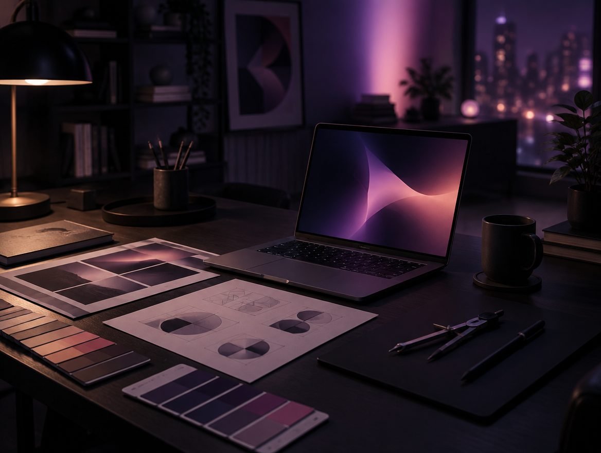 Graphic design studio desk with sketches, colour swatches and a laptop at night