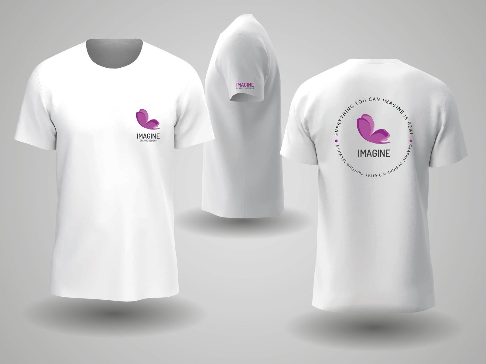 Custom printed t-shirt with Imagine logo, front, side and back views