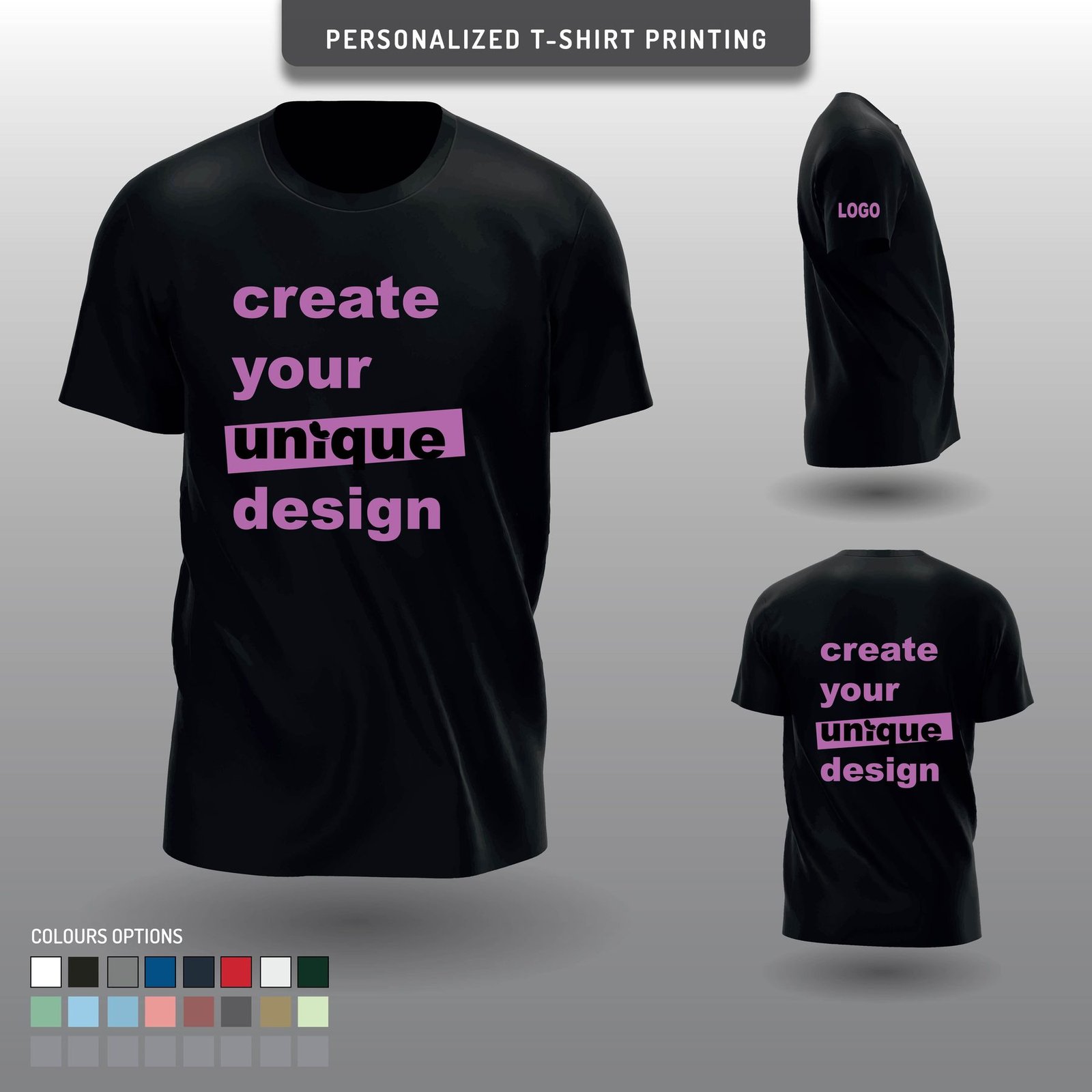 Custom t-shirt printing mockup with logo placement and colour options